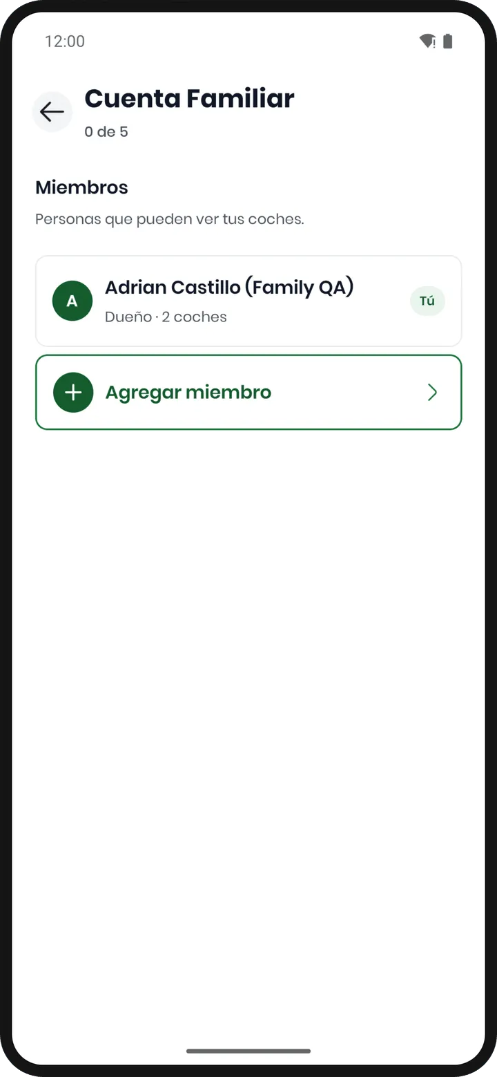 Pantalla Cuenta Familiar con el contador «0 de 5», la sección Miembros con la fila del dueño marcada «Tú» y la fila «Agregar miembro»