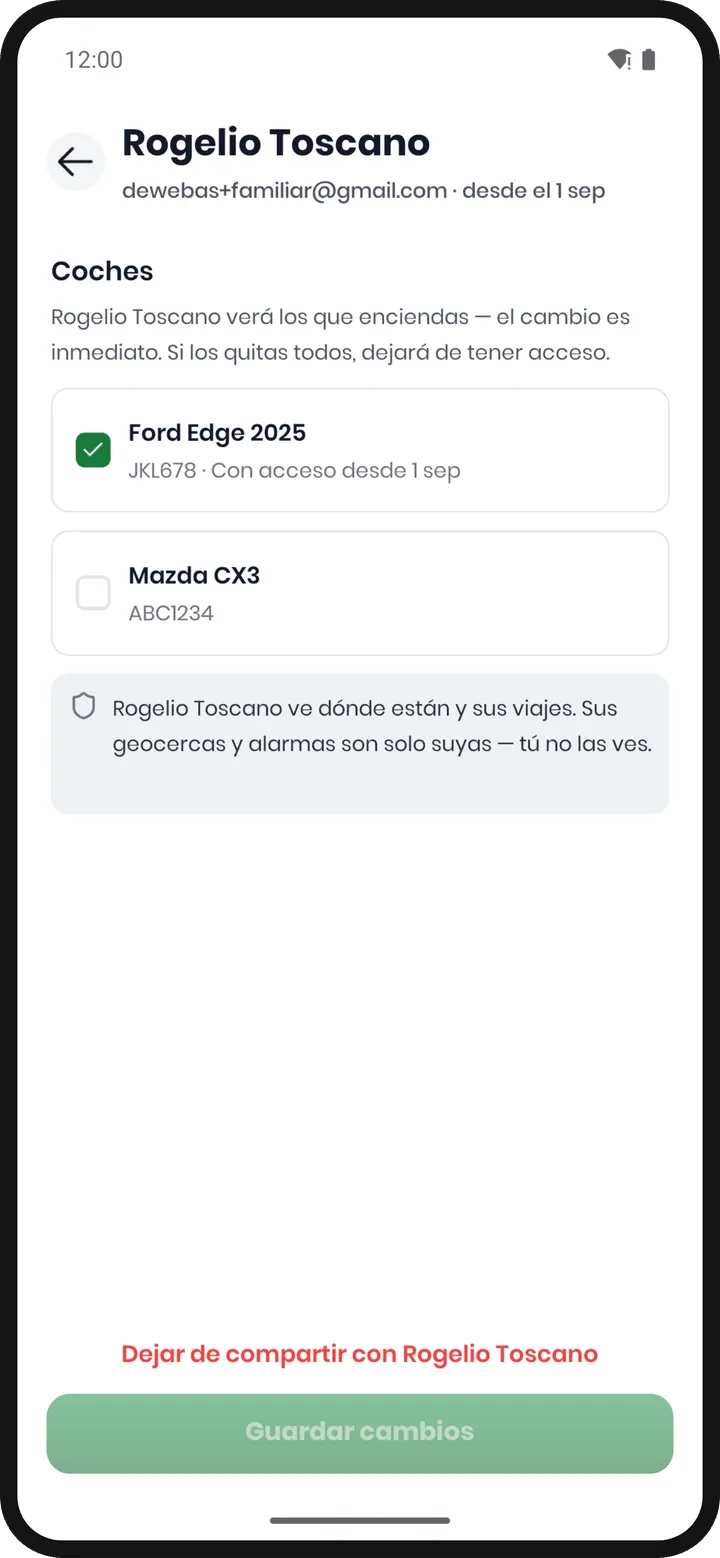 Pantalla de detalle de un miembro: su nombre y «desde el 1 sep», el Ford Edge 2025 marcado con «Con acceso desde 1 sep», el Mazda CX3 sin marcar y «Guardar cambios» apagado