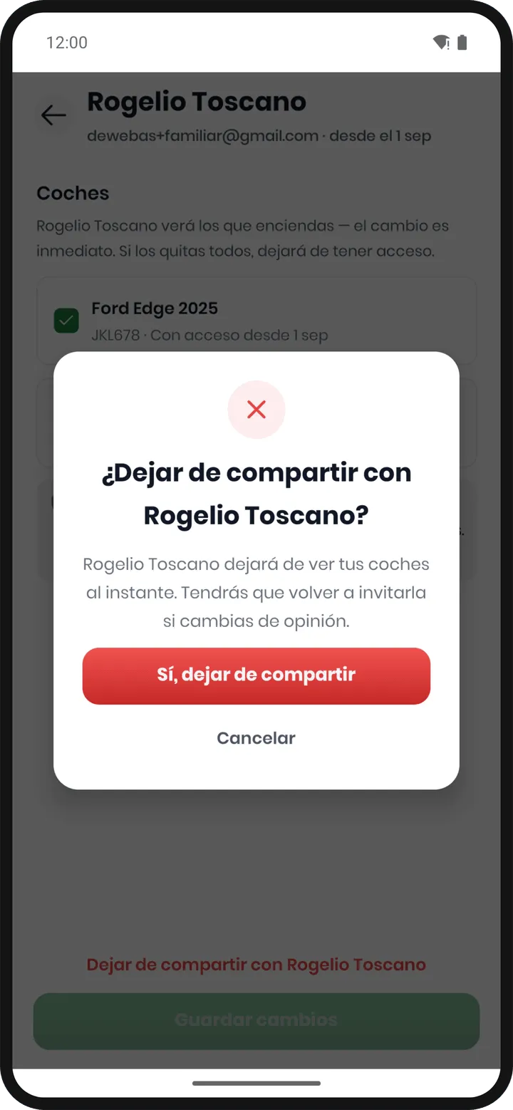 Modal «¿Dejar de compartir con Rogelio Toscano?» con el botón rojo «Sí, dejar de compartir» y «Cancelar» debajo