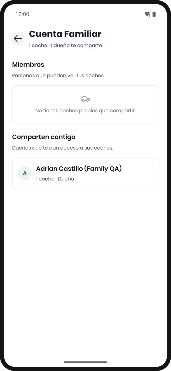 Cuenta Familiar vista desde la cuenta invitada: el contador «1 coche · 1 dueño te comparte», «No tienes coches propios que compartir» y la sección «Comparten contigo» con el dueño