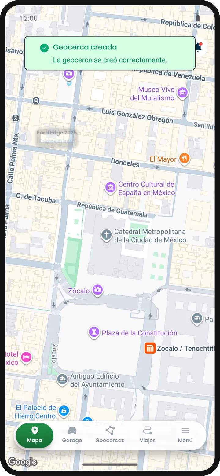 Mensaje de confirmación de geocerca creada sobre la lista de geocercas