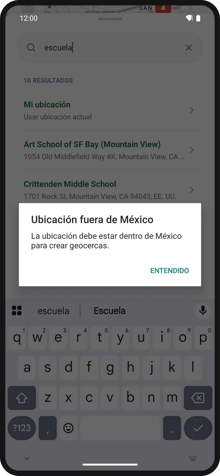 Aviso de ubicación fuera de México sobre el mapa, con la búsqueda de una dirección en Estados Unidos