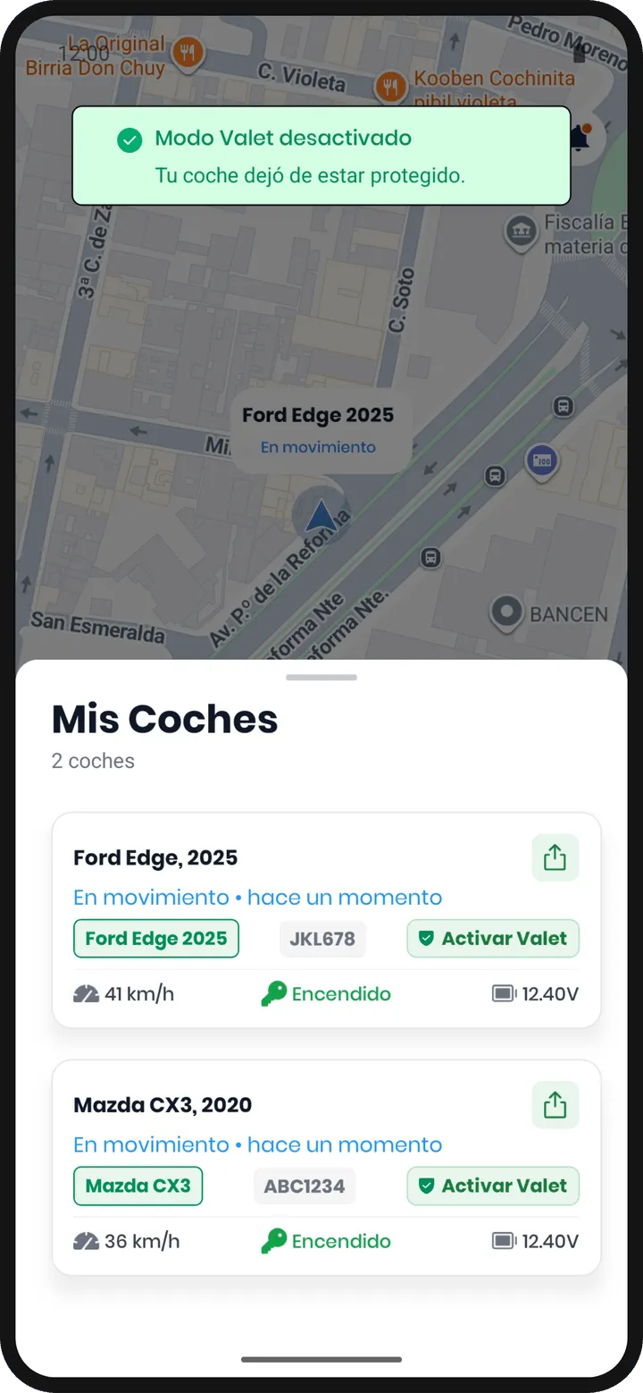 Aviso Modo Valet desactivado sobre la lista Mis Coches, con el botón del vehículo de vuelta en Activar Valet.