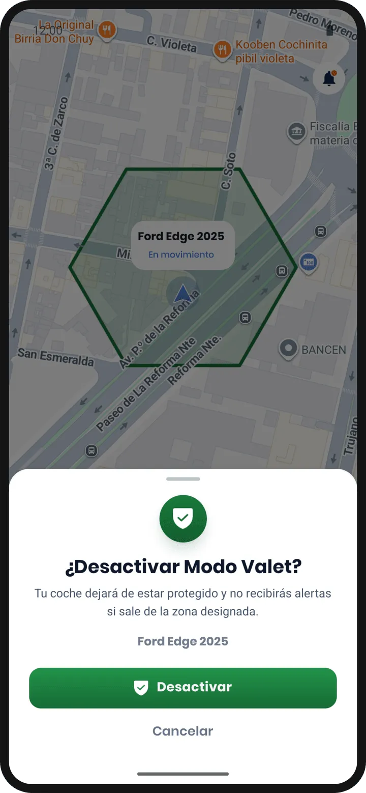 Aviso ¿Desactivar Modo Valet? en encontrol con el botón verde Desactivar.