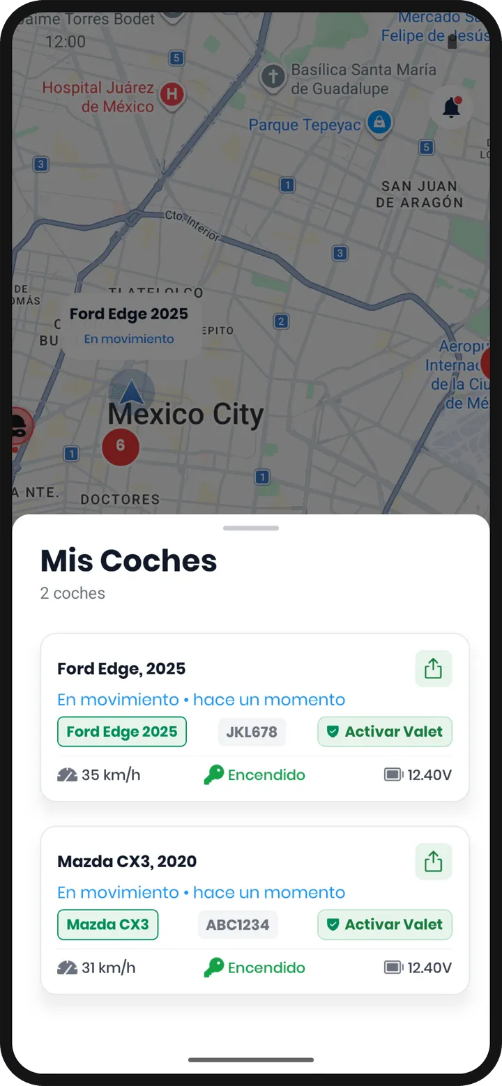 Tarjeta del vehículo en encontrol con el botón verde Activar Valet.