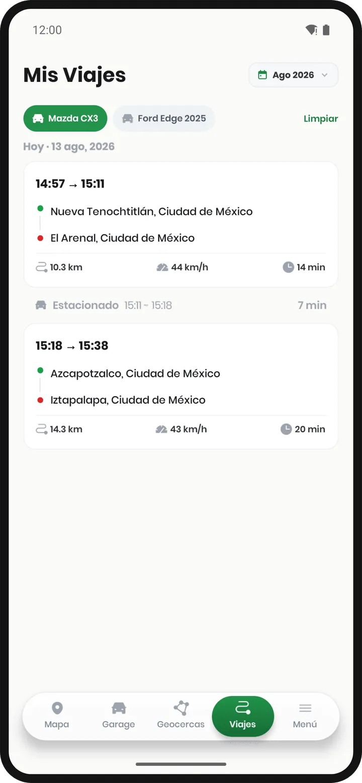 Lista Mis Viajes con dos viajes del día y una franja Estacionado de 7 minutos entre ellos